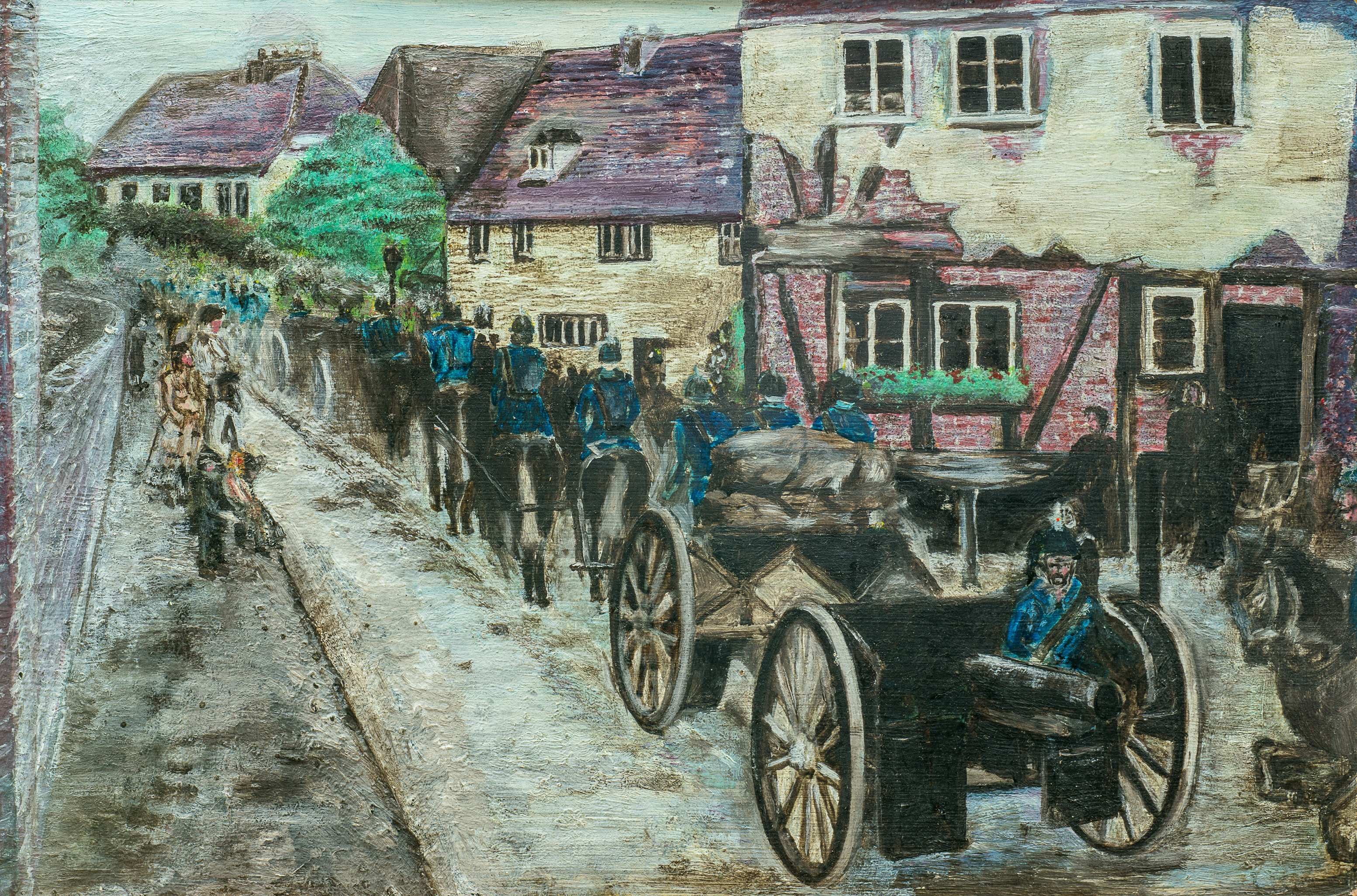 Belgian Artillery falling back on Louvain after the burning of Tirlmont August 1914 — painting by Chris Brock