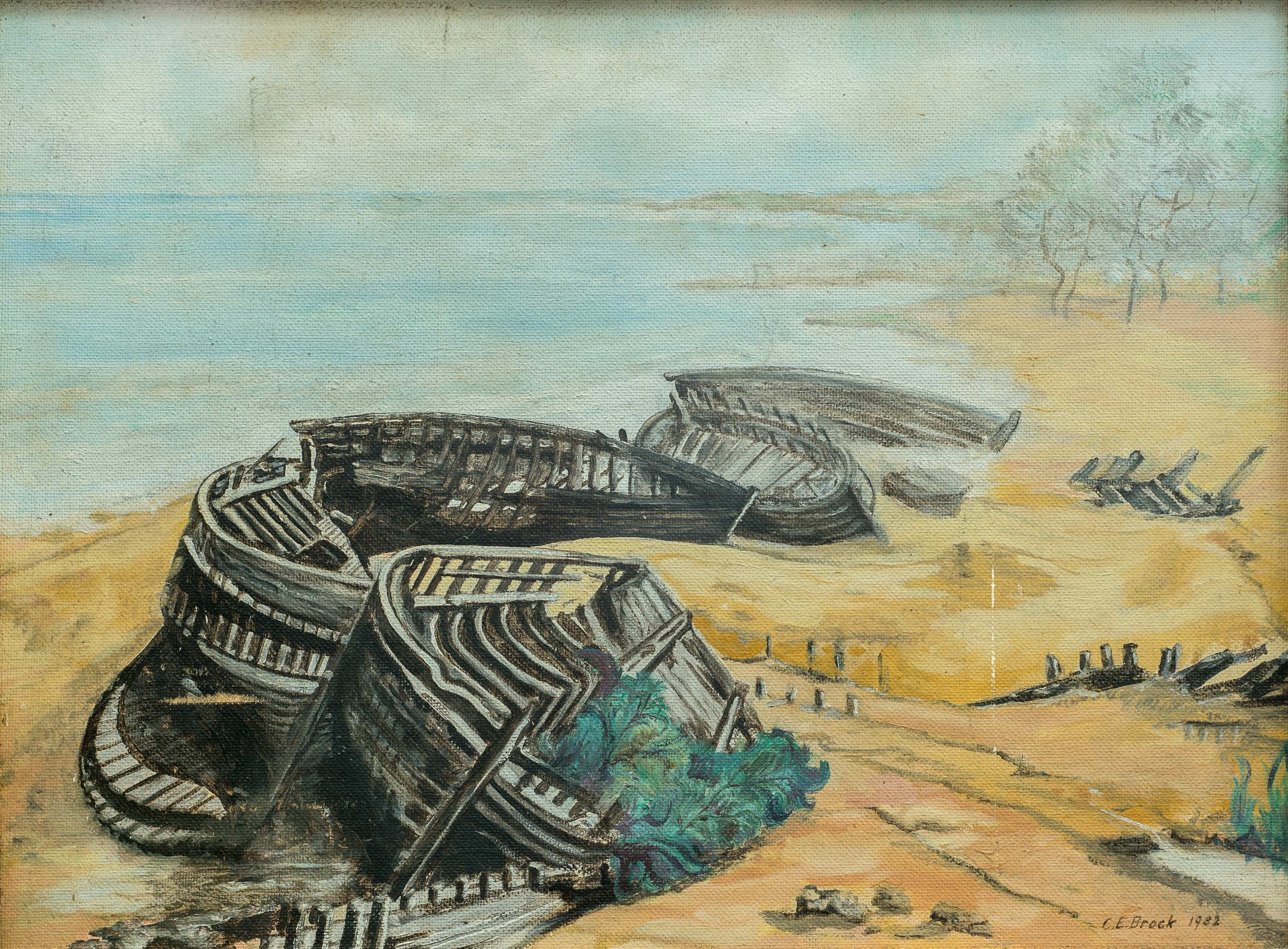 Boats at rest on the beach — painting by Chris Brock
