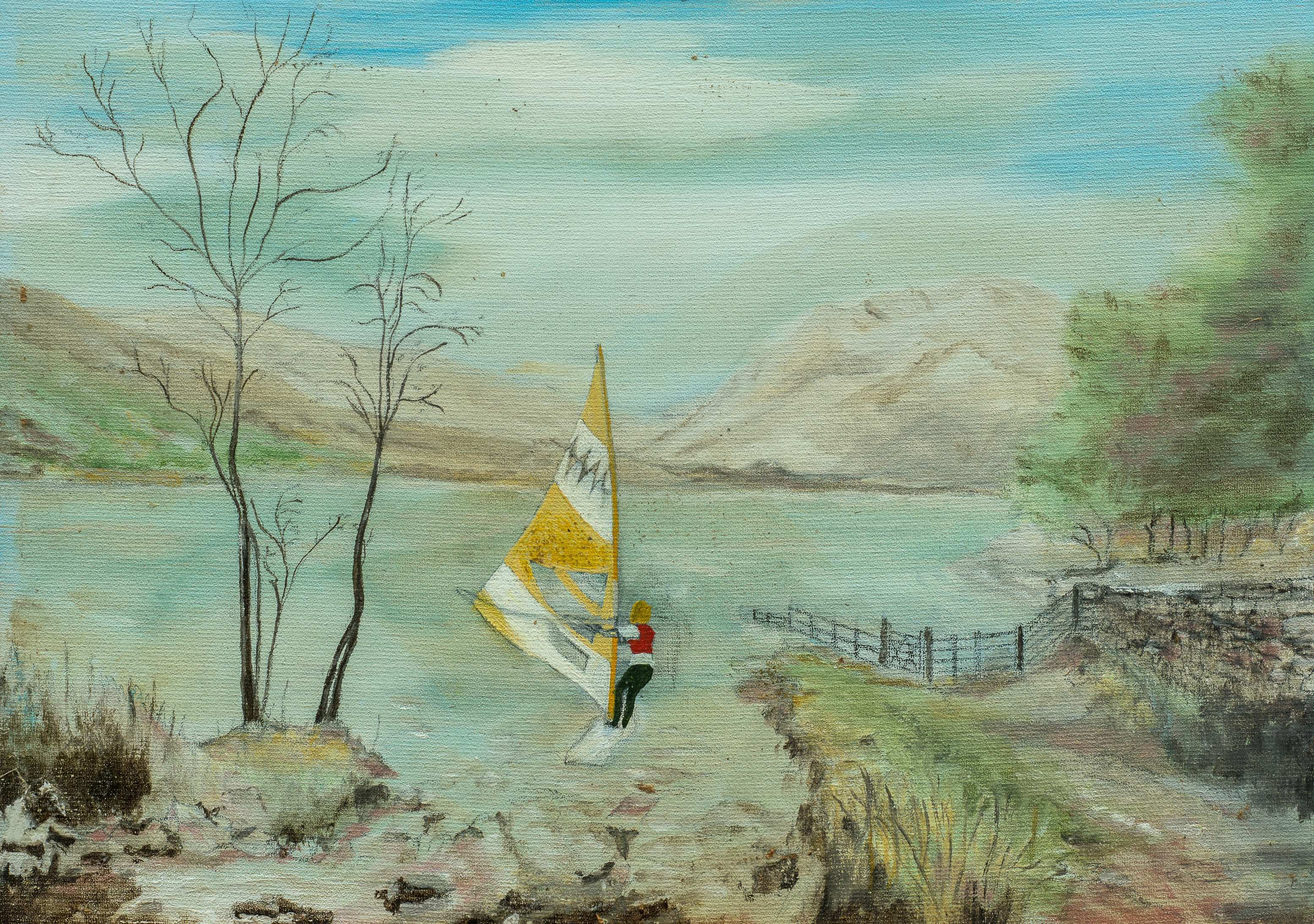 Jane windsurfing in the Lakes — painting by Chris Brock