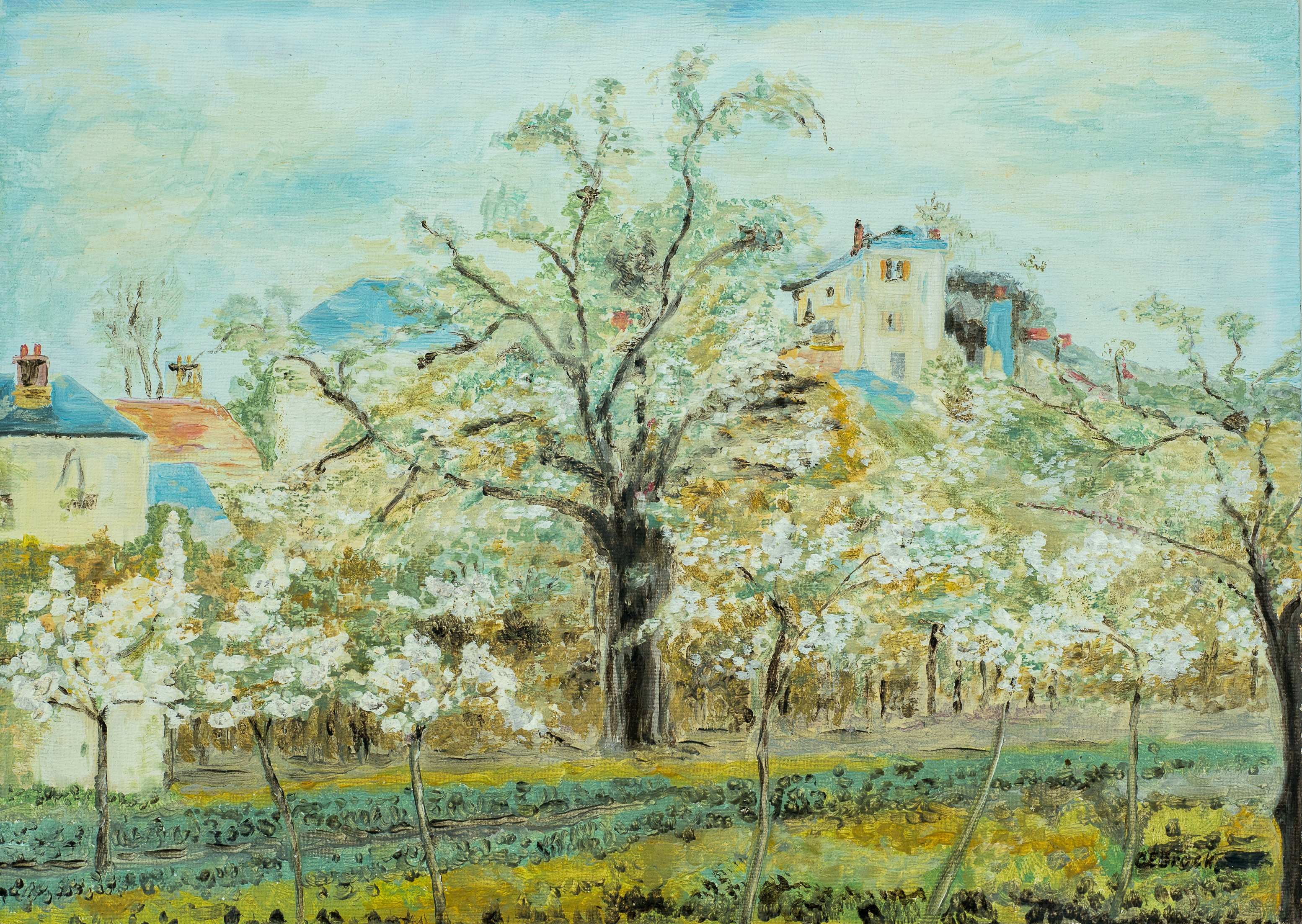 Garden with trees in blossom, Spring, Pontoise, after Camille Pissaro — painting by Chris Brock