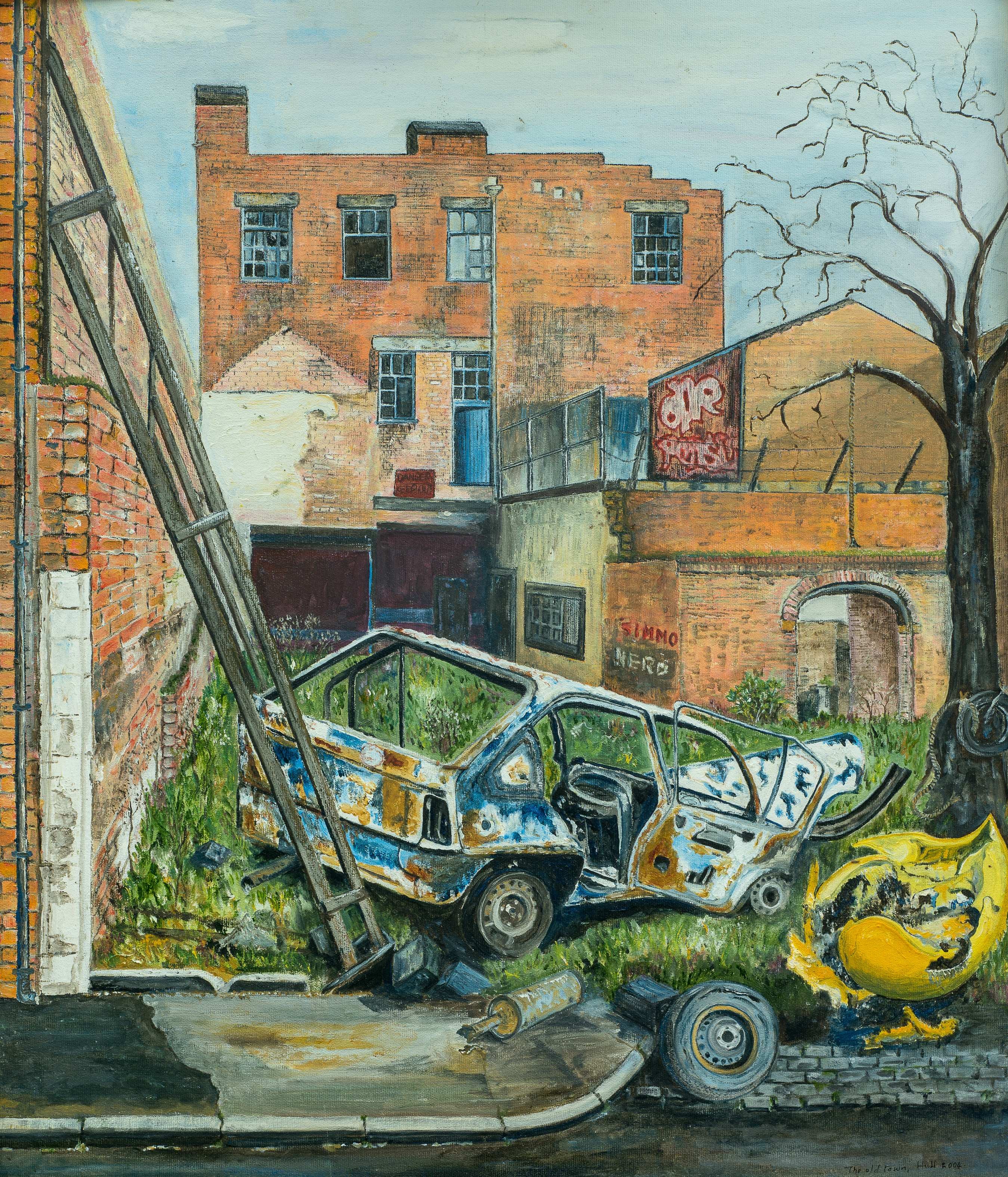 Burnt Car Carcass — painting by Chris Brock