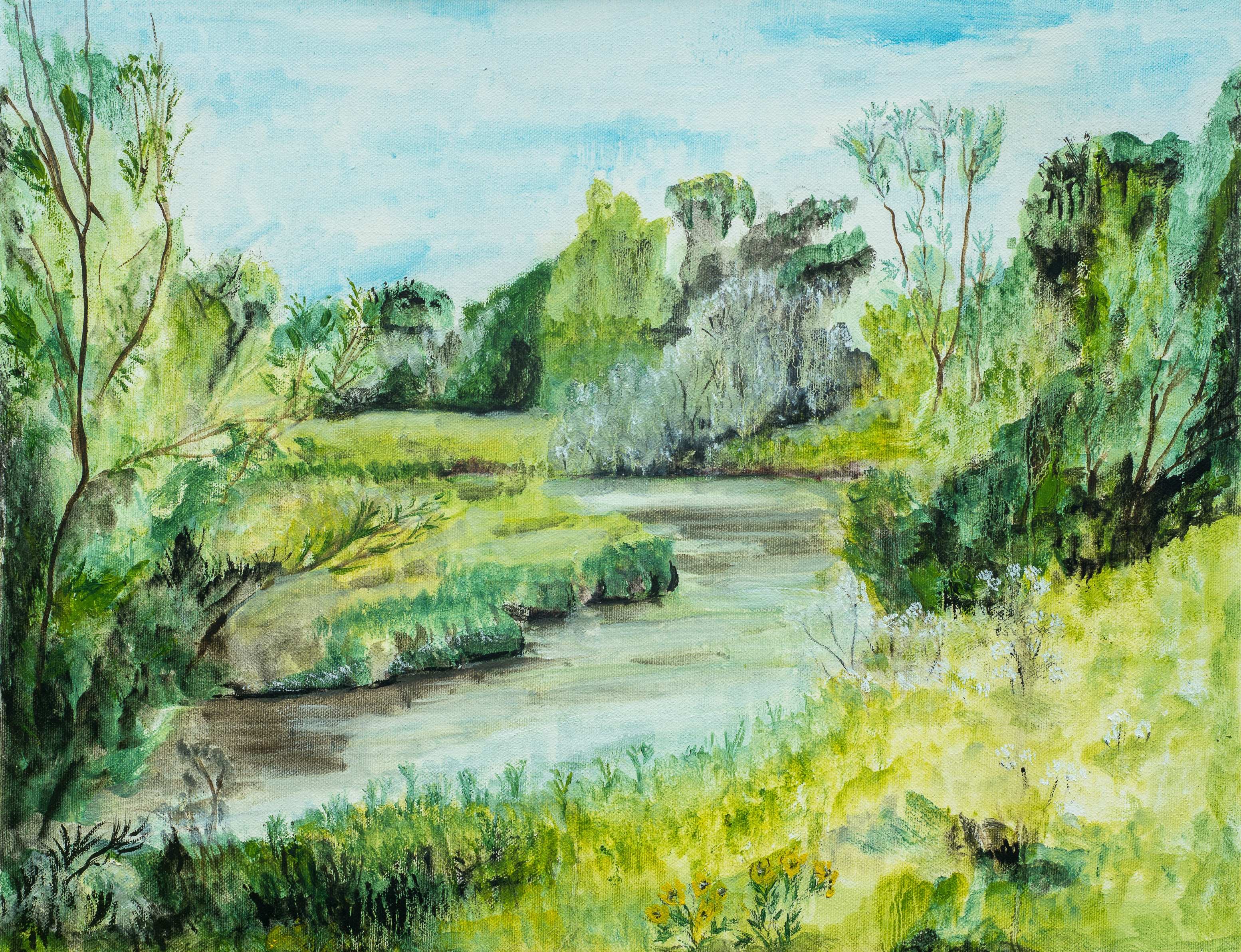 The River Hull, Greens Lane, Wawne, from the fishing stage looking towards Beverley — painting by Chris Brock