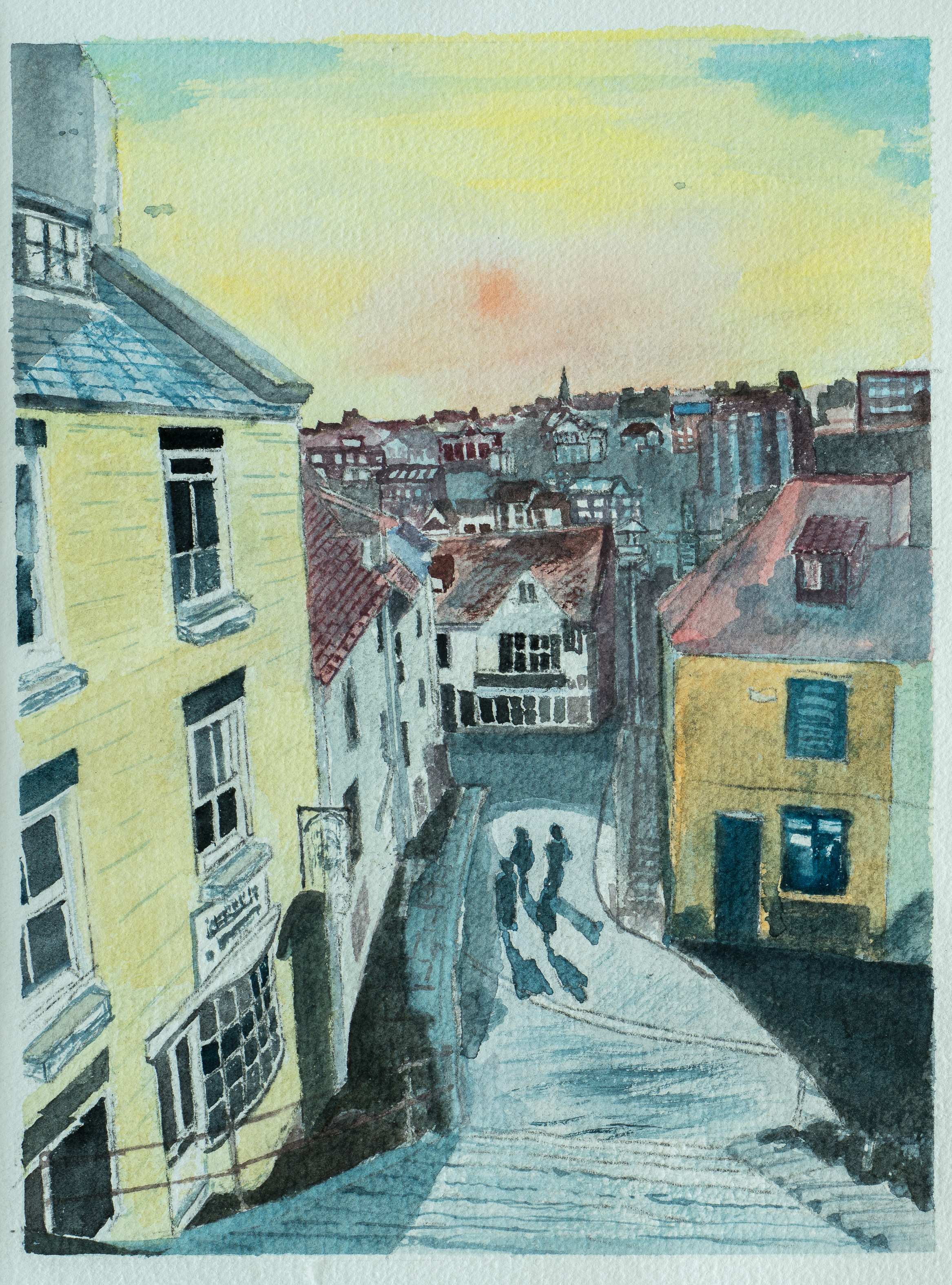 Whitby steps down from the Abbey — painting by Chris Brock