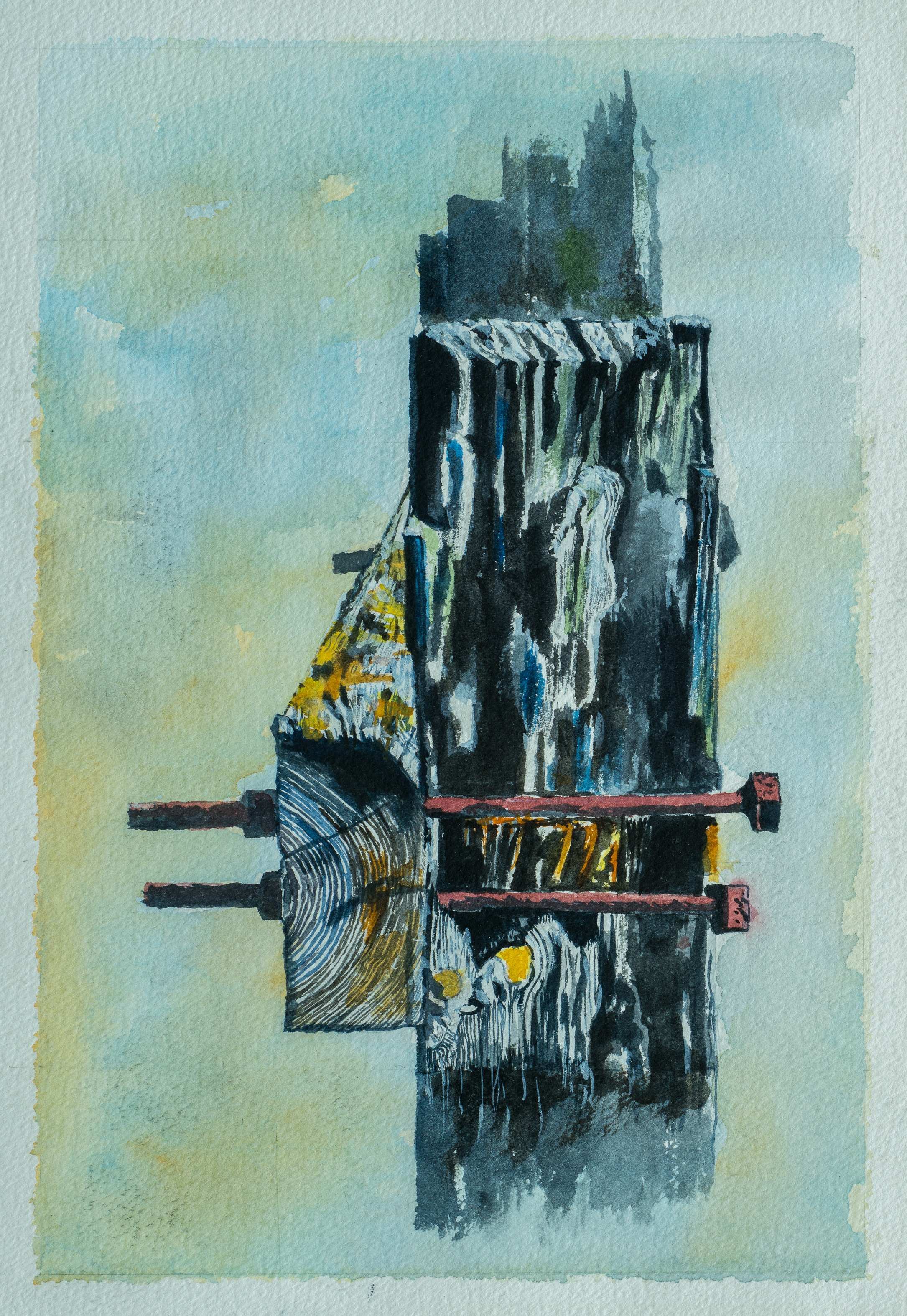 Support for a walkway on the Humber Bank — painting by Chris Brock