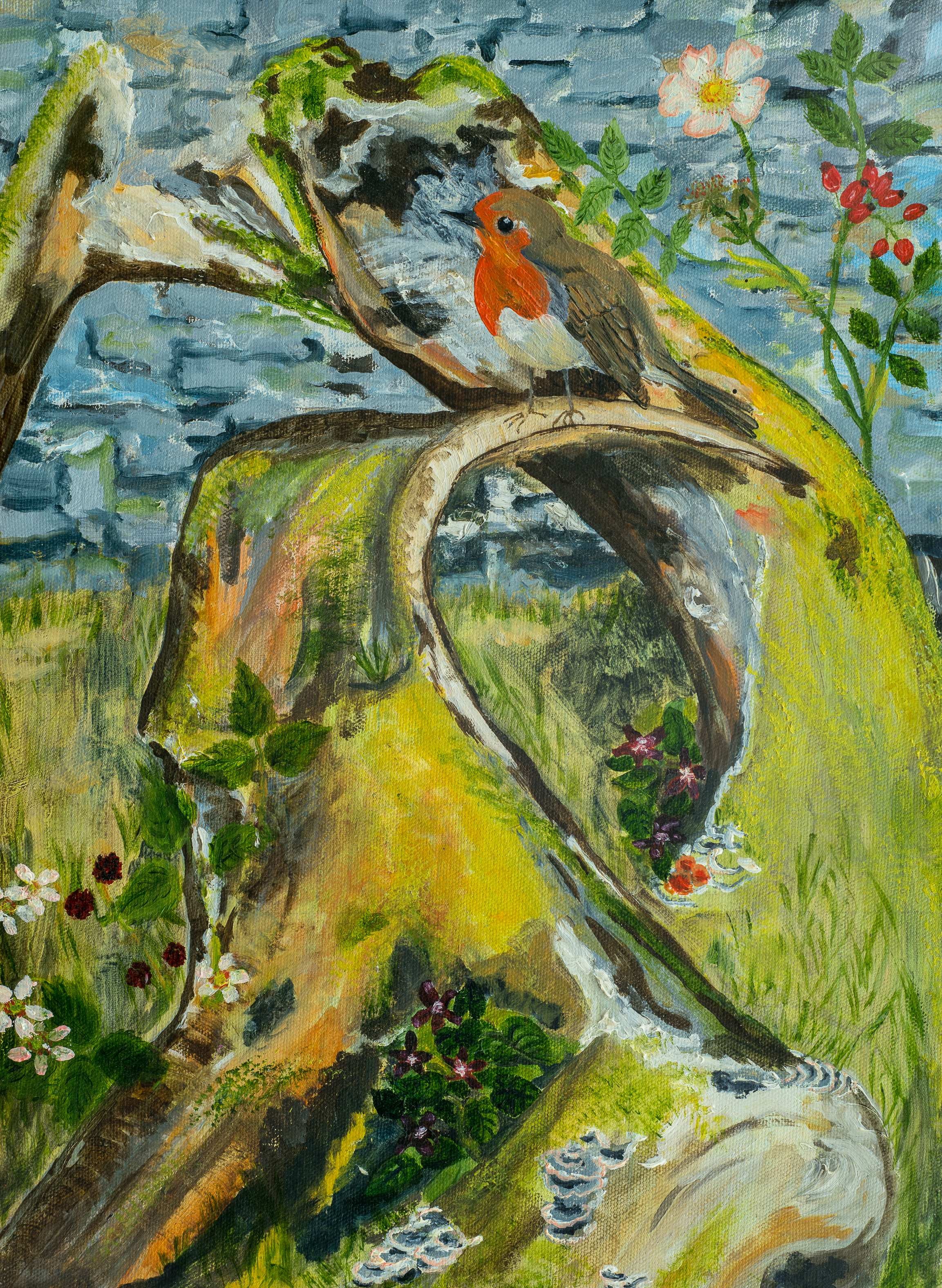 Robin on fallen tree, Borrowdale — painting by Chris Brock