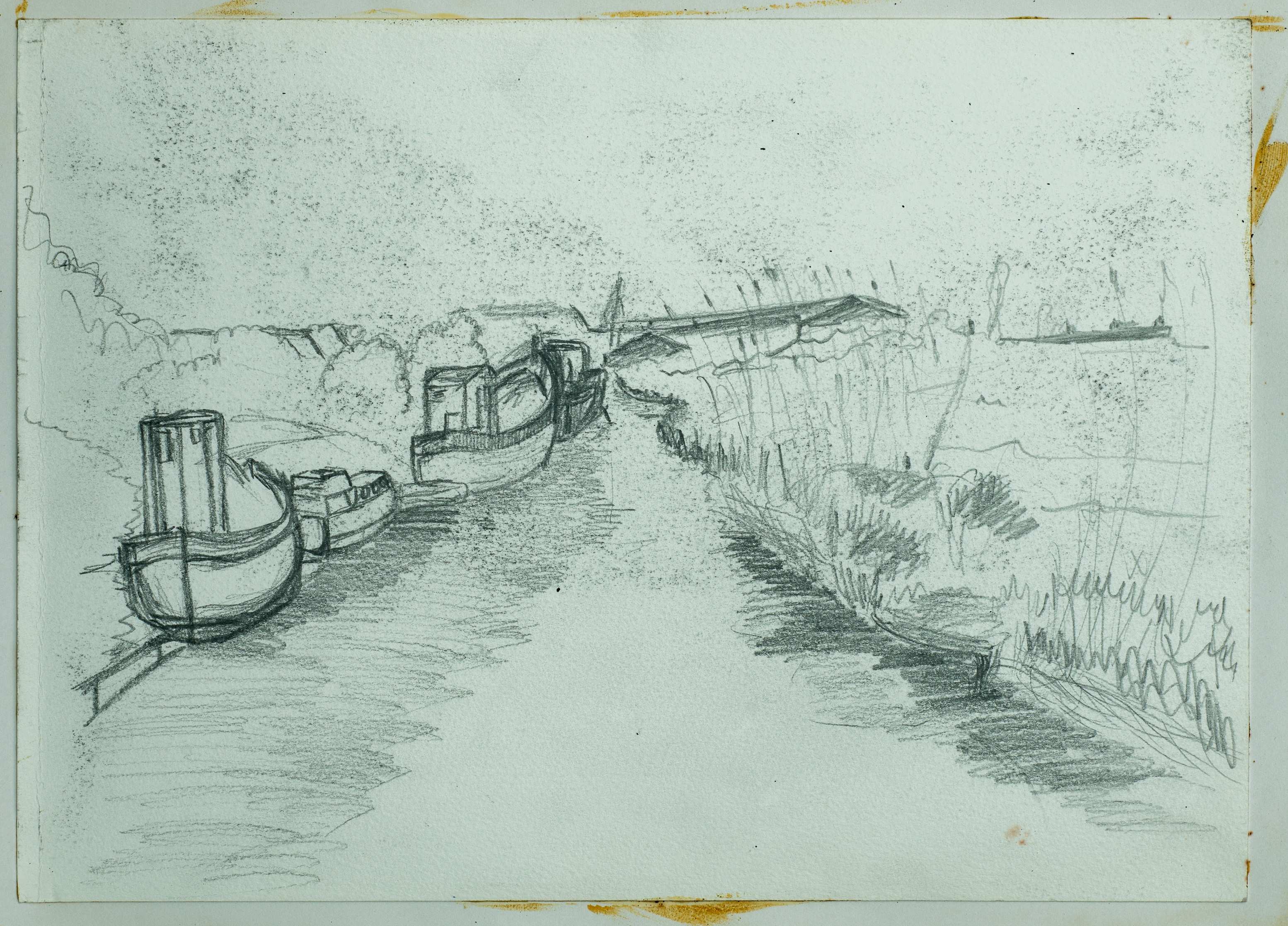 Boats on the River Hull on the road to Weel — painting by Chris Brock