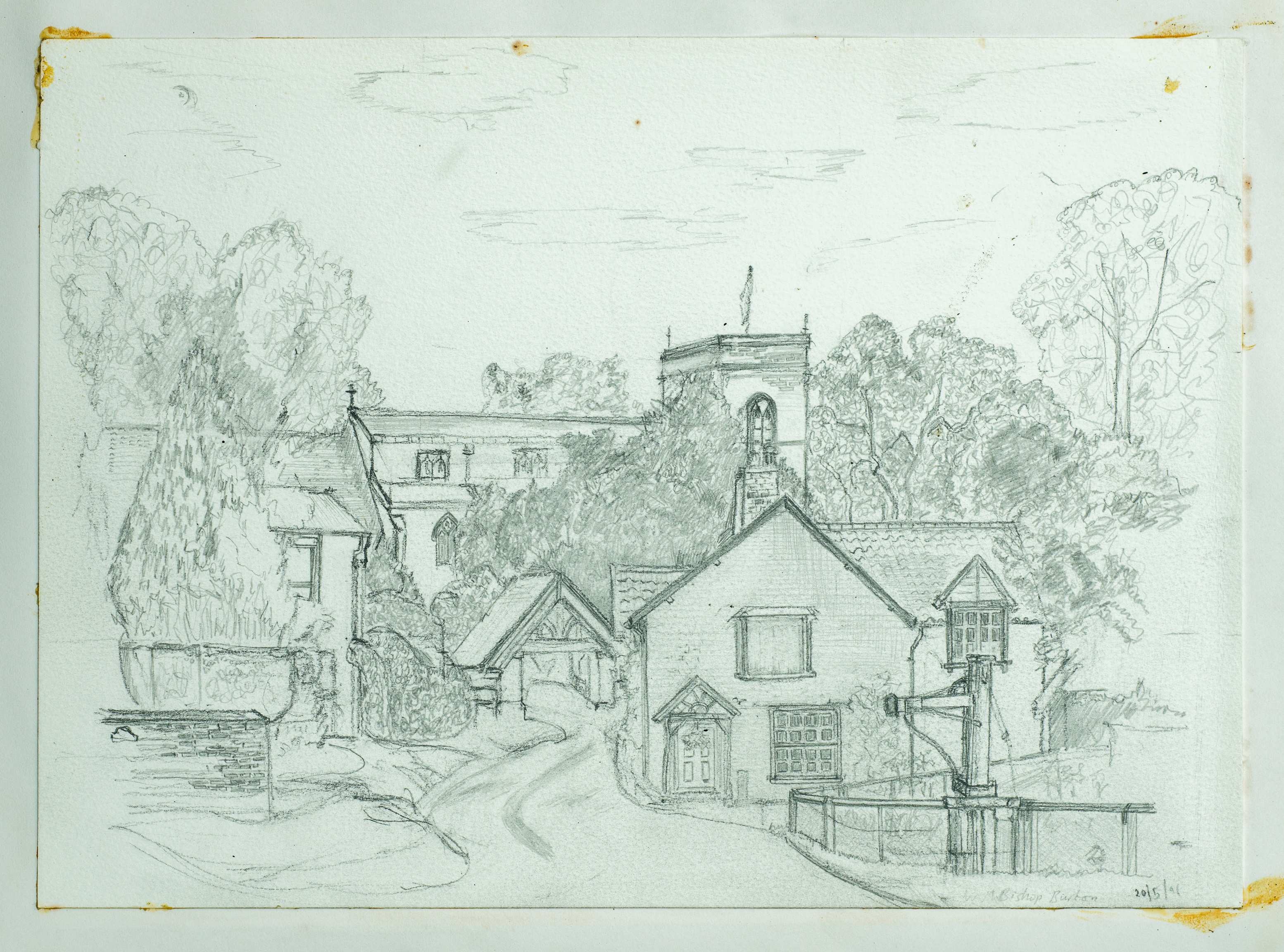 Bishop Burton, from the main street — painting by Chris Brock