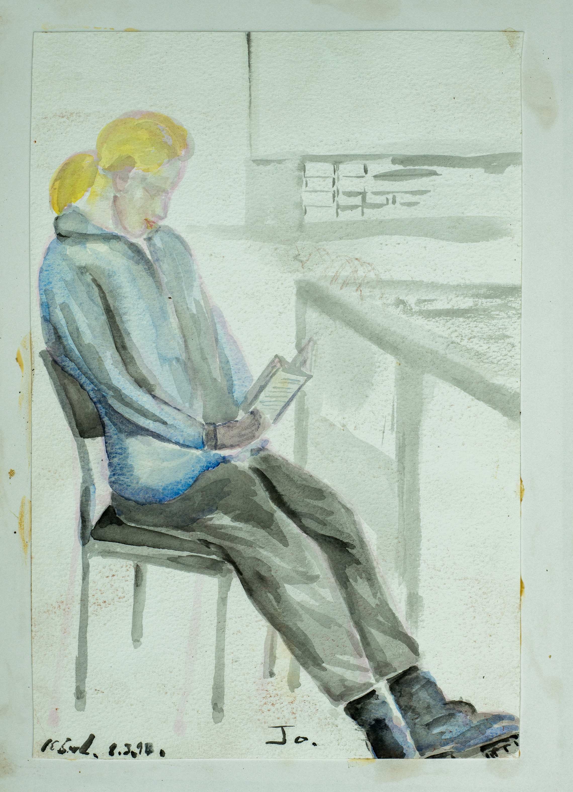 Seated figure reading a book, Jo — painting by Chris Brock