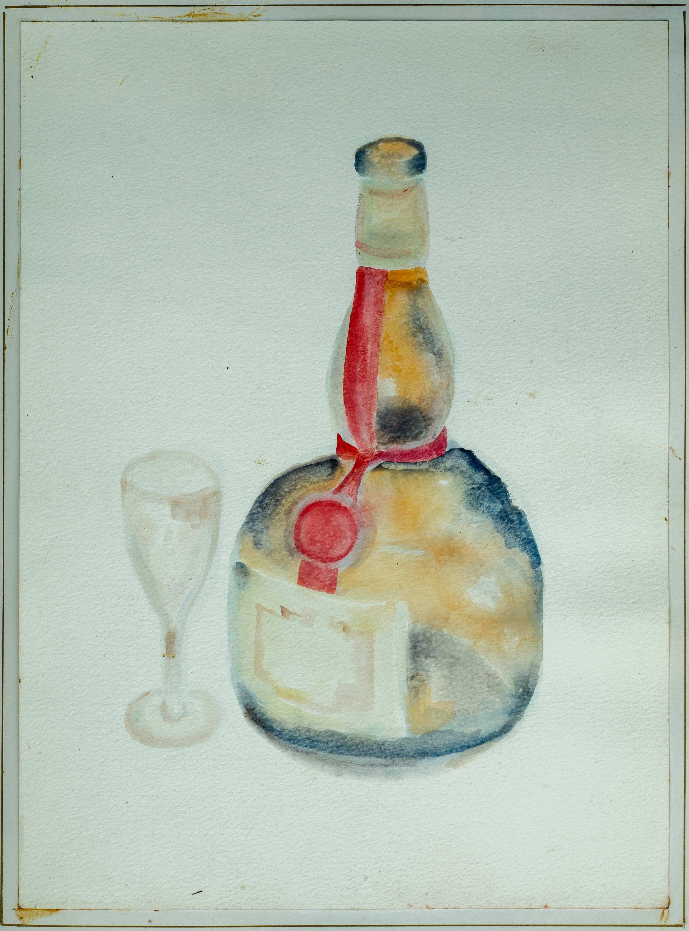 Still Life, wine glass and bottle — painting by Chris Brock