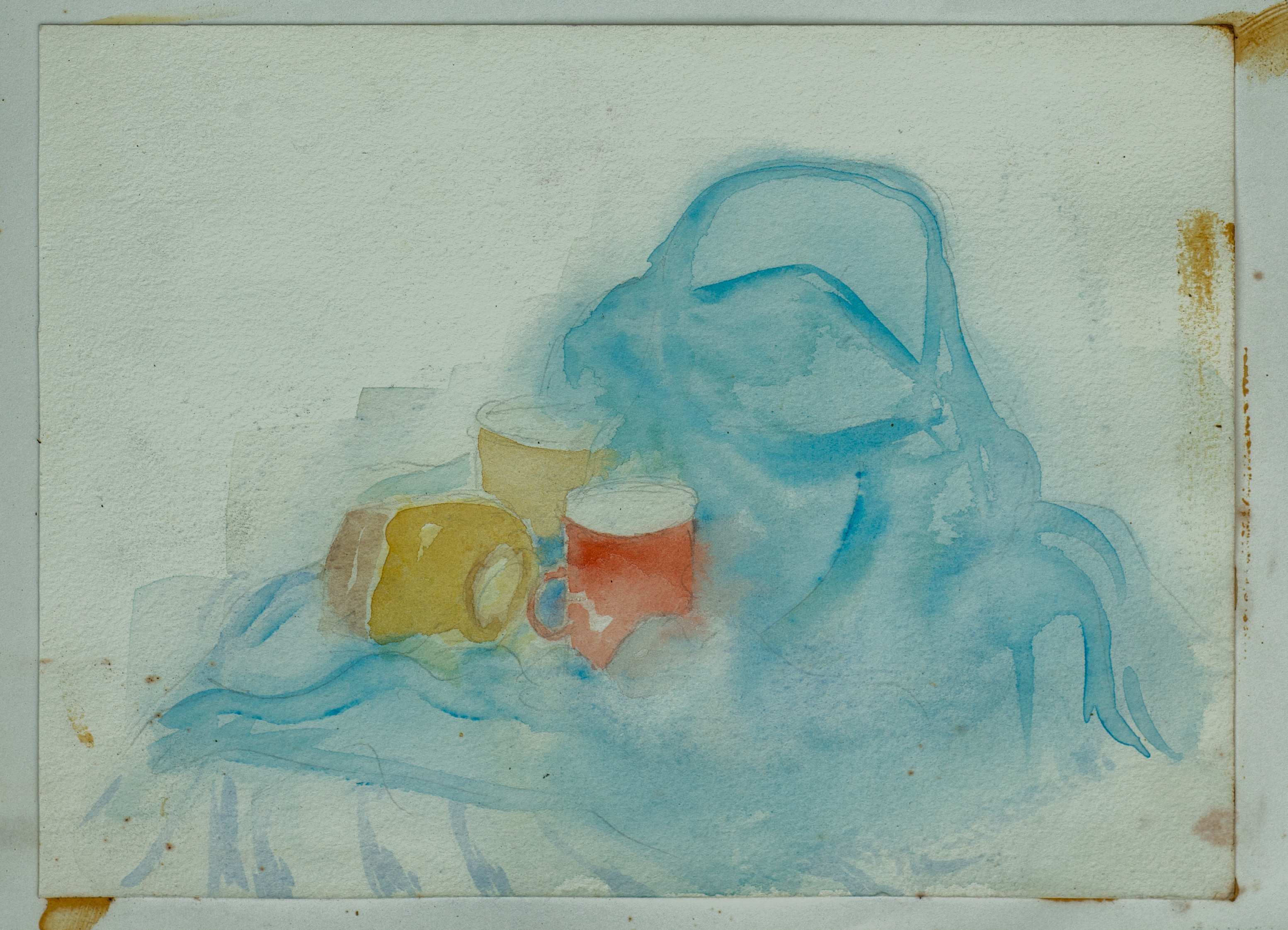 Still Life, cups and drapery — painting by Chris Brock
